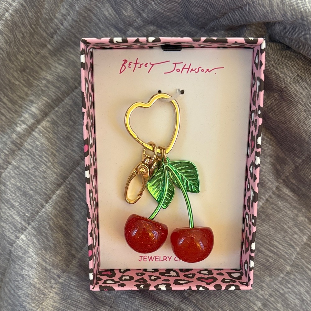 Betsey Johnson Red Cherry Keychain with Green Leaves NWT